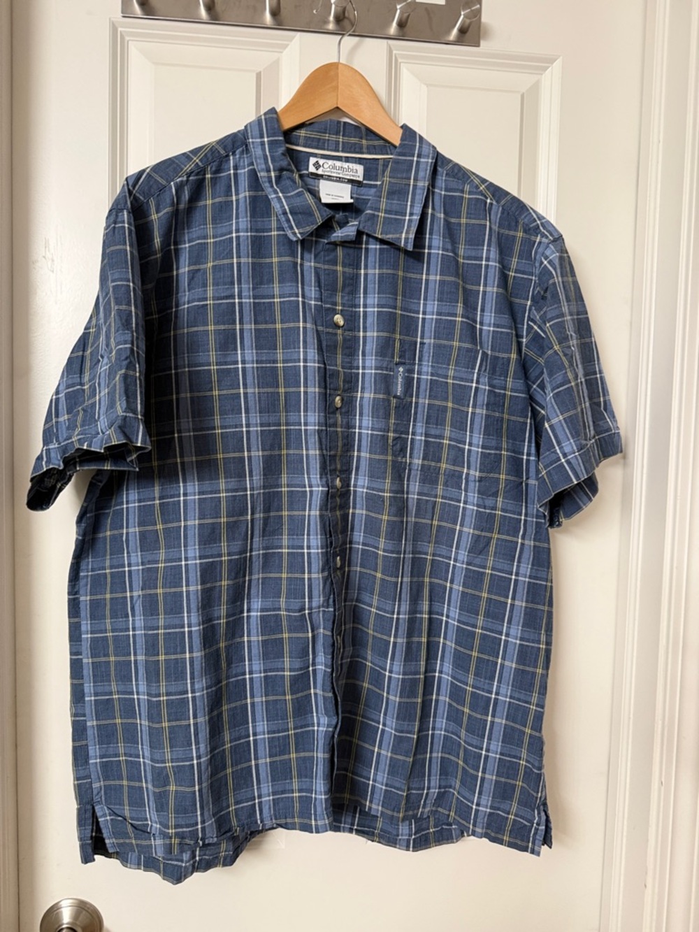 Columbia Blue and Yellow Plaid Short-Sleeve Button-Down Shirt